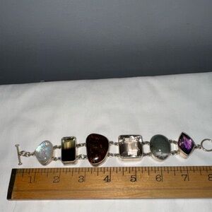 Vintage Sterling silver chunky gemstone Obsidian brand link bracelet RARE